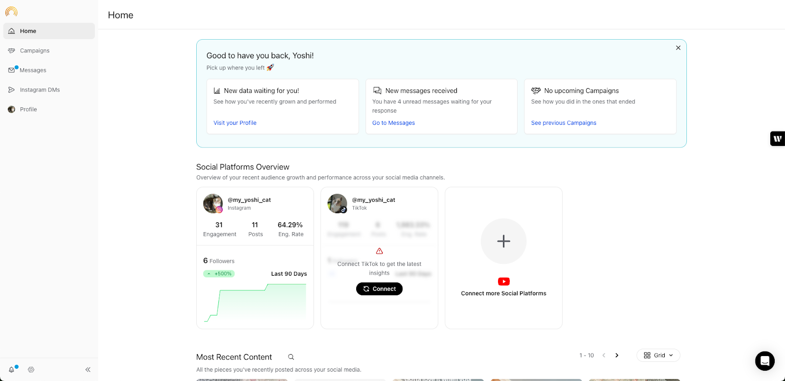 Creator Hub in Sprout Influencer Marketing showing the social platform overview for influencers