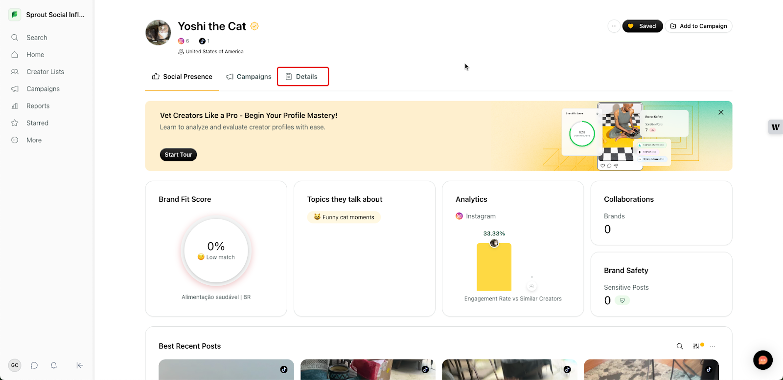 Details tab in a creator's profile