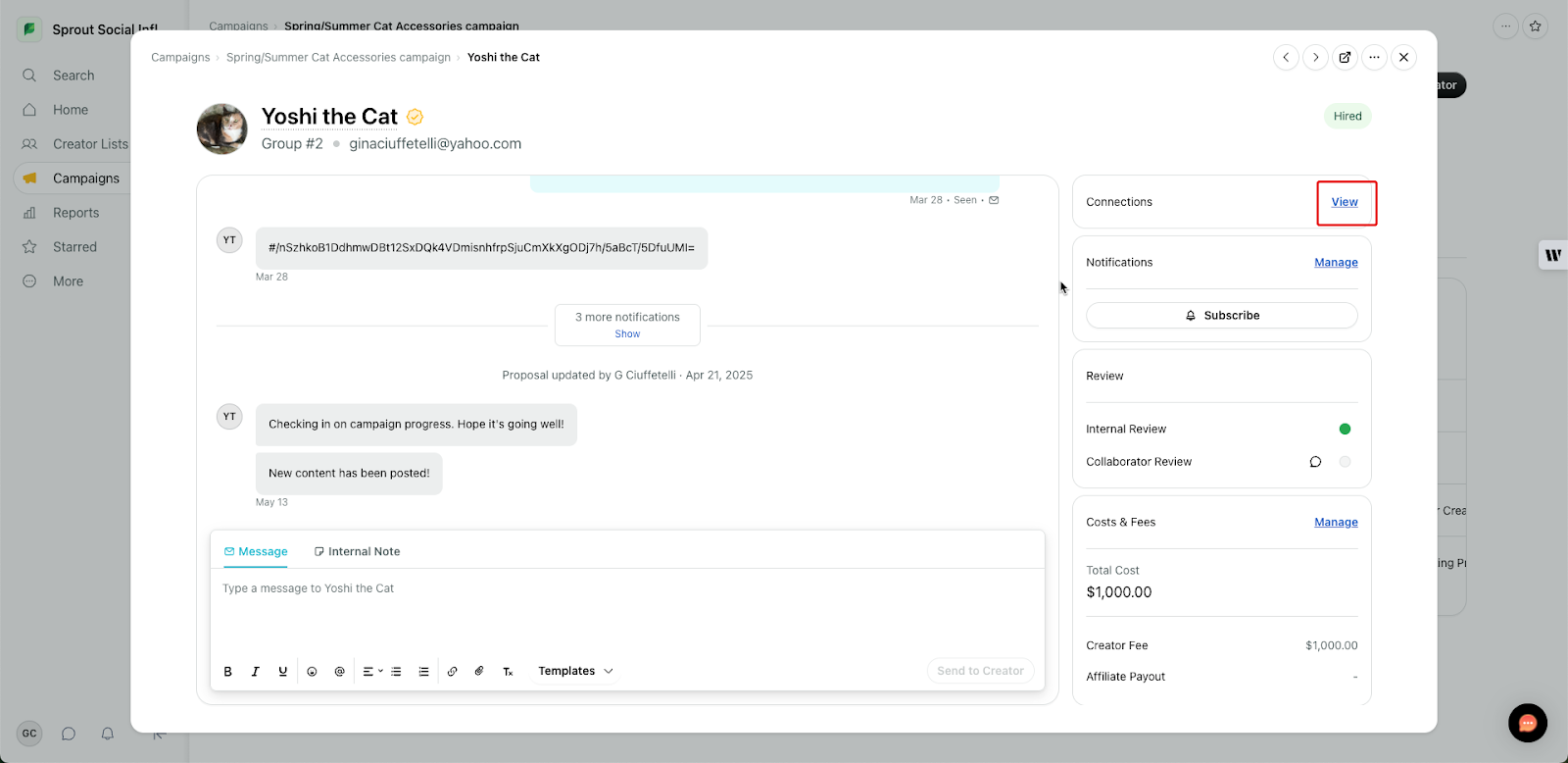 View connections link in a creator page in a campaign.