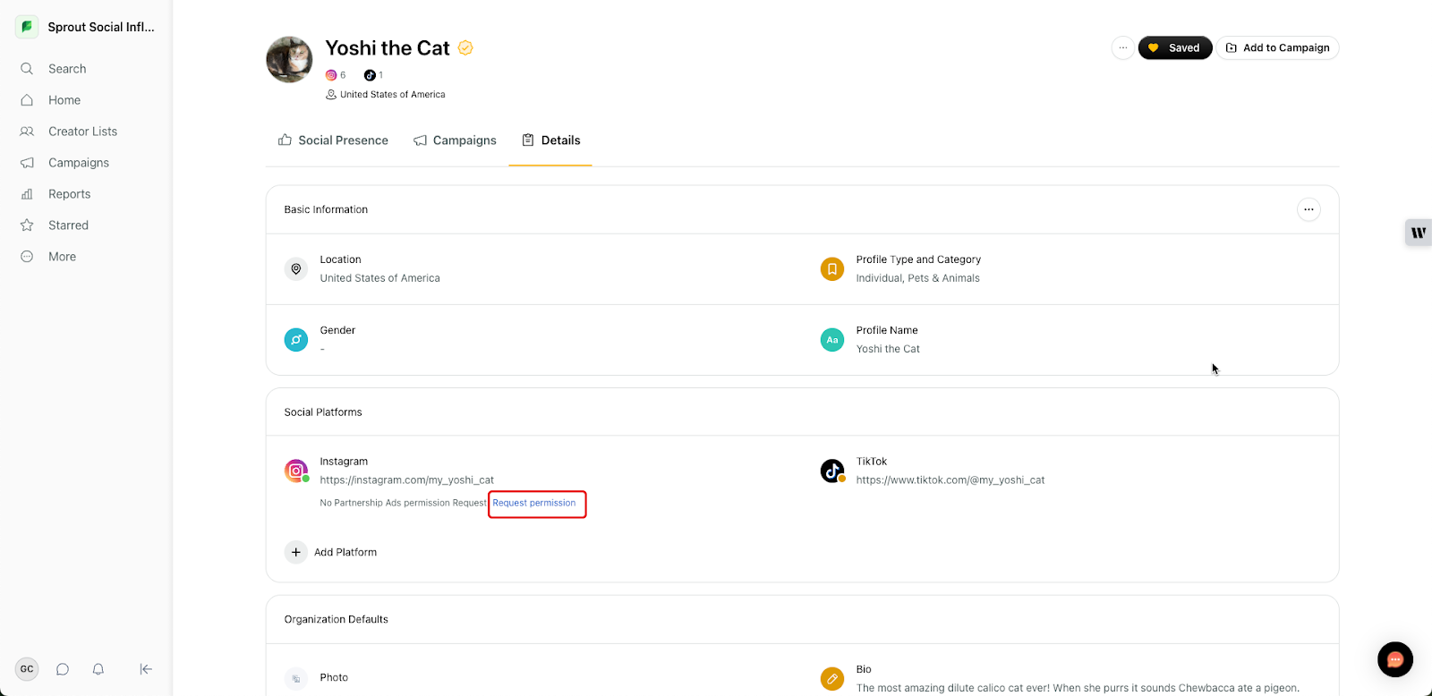 Request permission link in a creator profile.