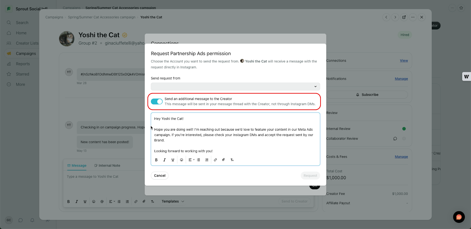 Toggle to send an additional message to the creator.