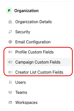  A cropped screenshot of a desktop application's left-hand navigation menu under the "Organization" section. Options visible include "Organization Details," "Security," and "Email Configuration." Below these, "Profile Custom Fields," "Campaign Custom Fields," and "Creator List Custom Fields" are highlighted with a red box. Further down, "Users," "Teams," and "Workspaces" are also visible.